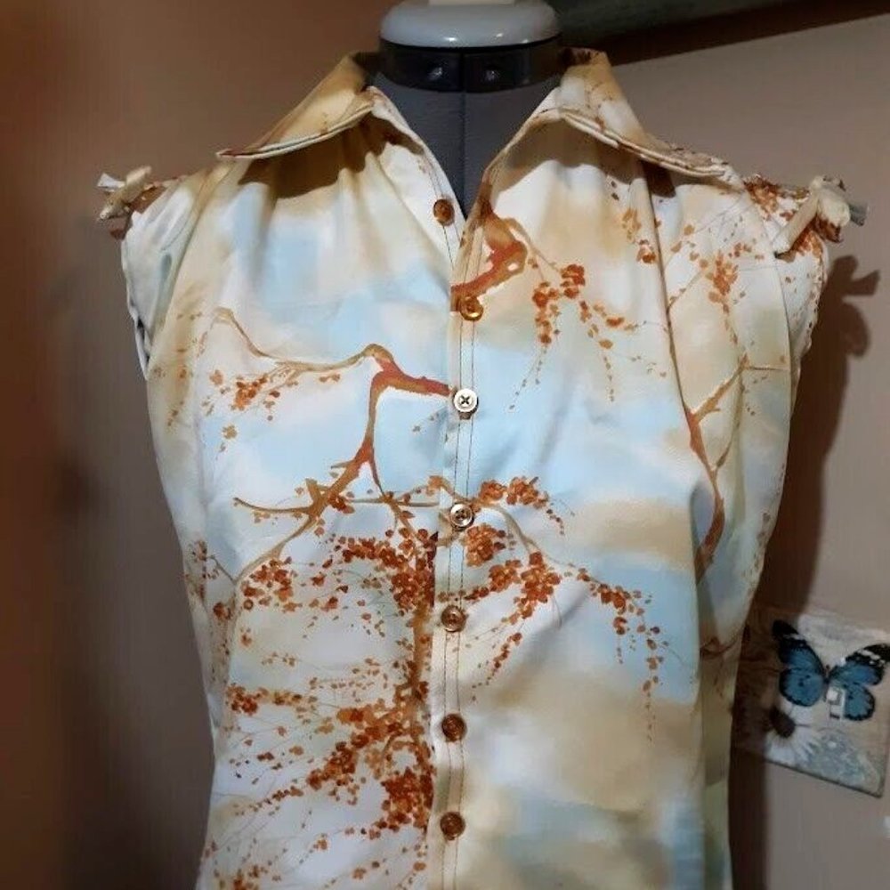 Charmeuse Tree Sky print Blouse PM Button up Blue Beige Rust Satiny Tank top